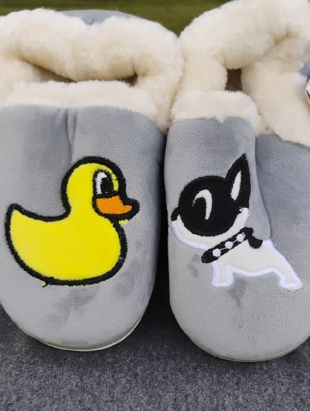 Kids Grey Plush Slippers with Yellow Duck & Black Dog Appliqué